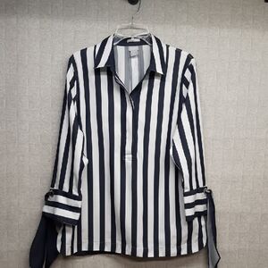 Chico's Navy and White Striped No Iron Stretch Tunic Blouse